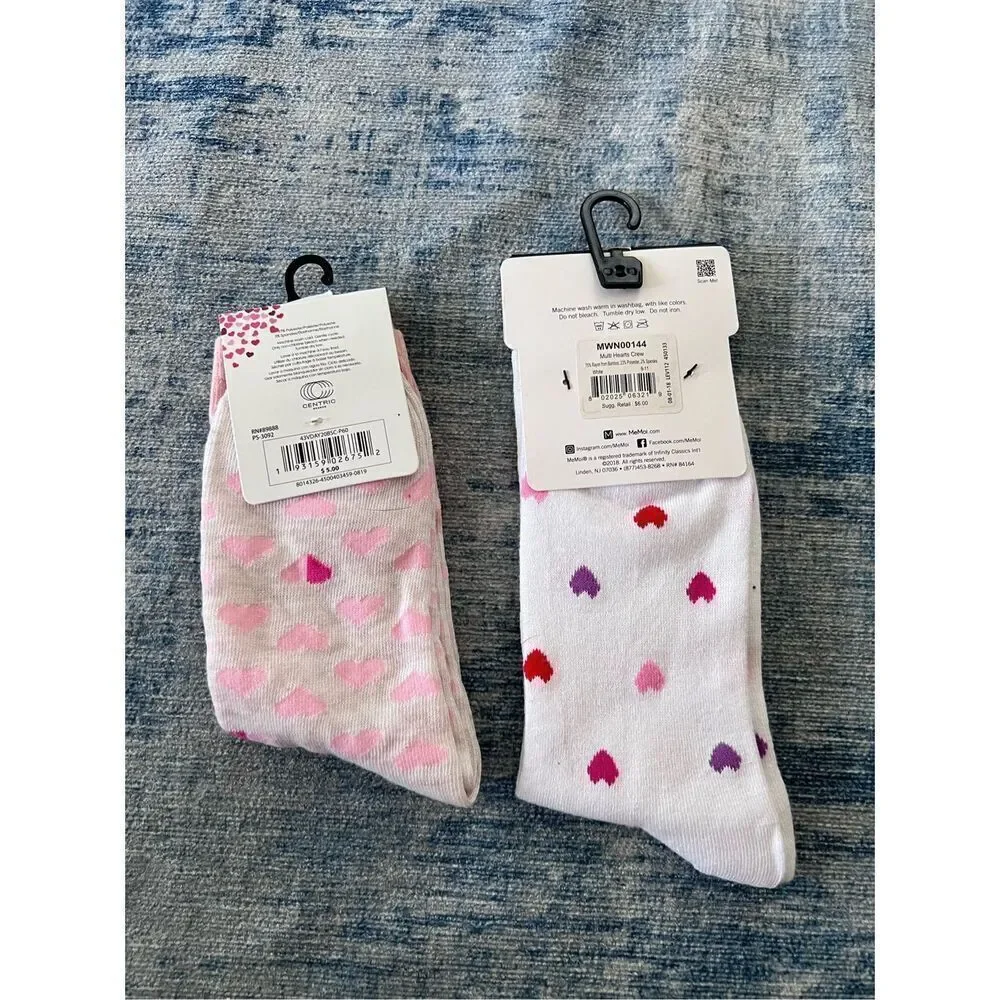 New! Me Moi Love Hugs Kisses Pink White Heart Socks Mini Lot of 2